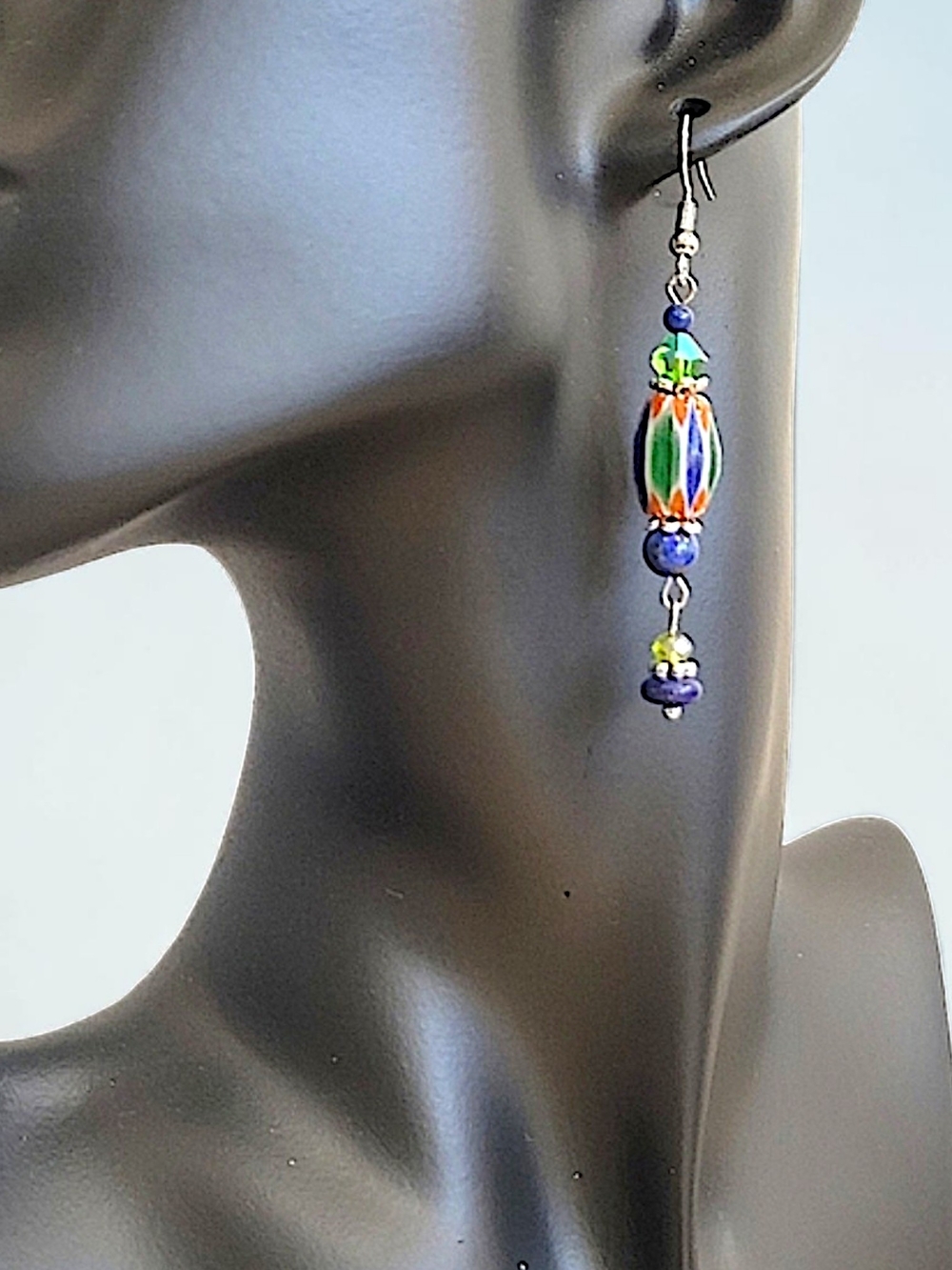 Hand Crafted Lampwork Lapis Earrings Beaded Dangle 2.5" Blue Green & Red Stripes